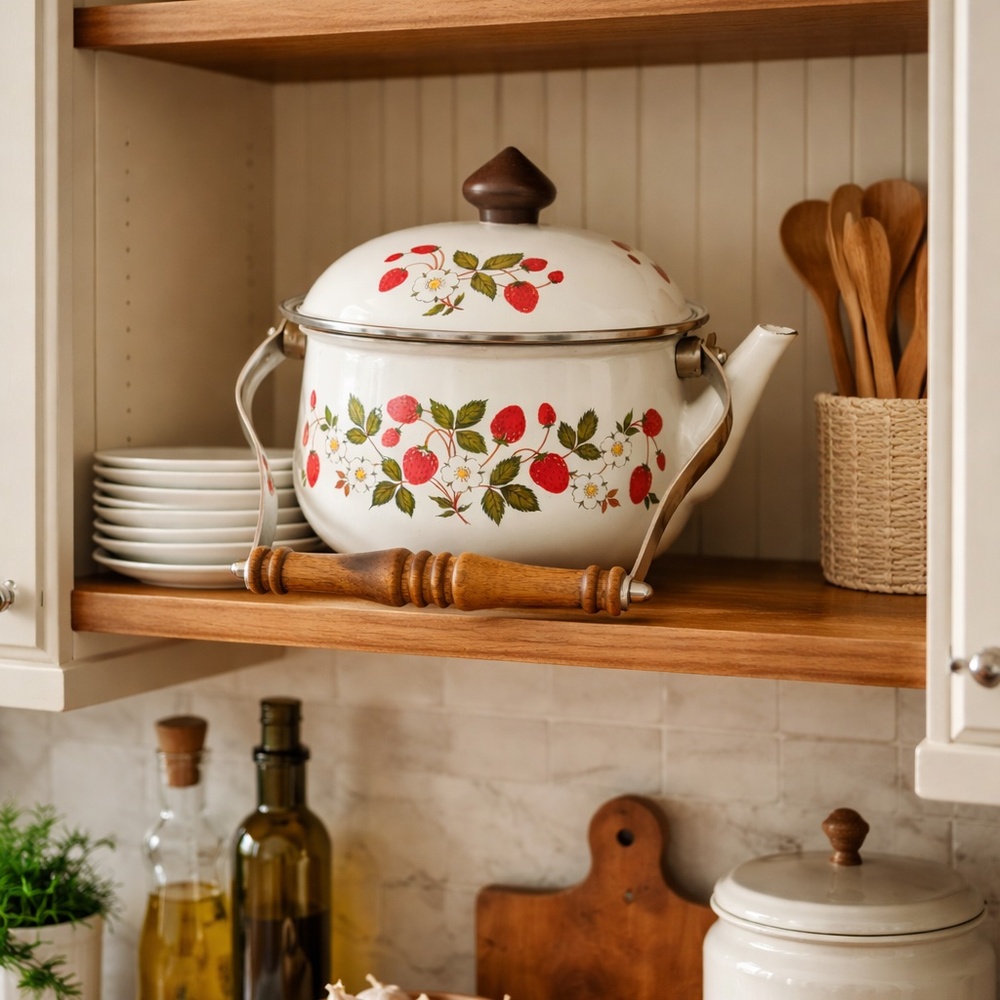Vintage 80s Sheffield Strawberries 'n Cream Porcelain Enamelware Tea Pot Kettle